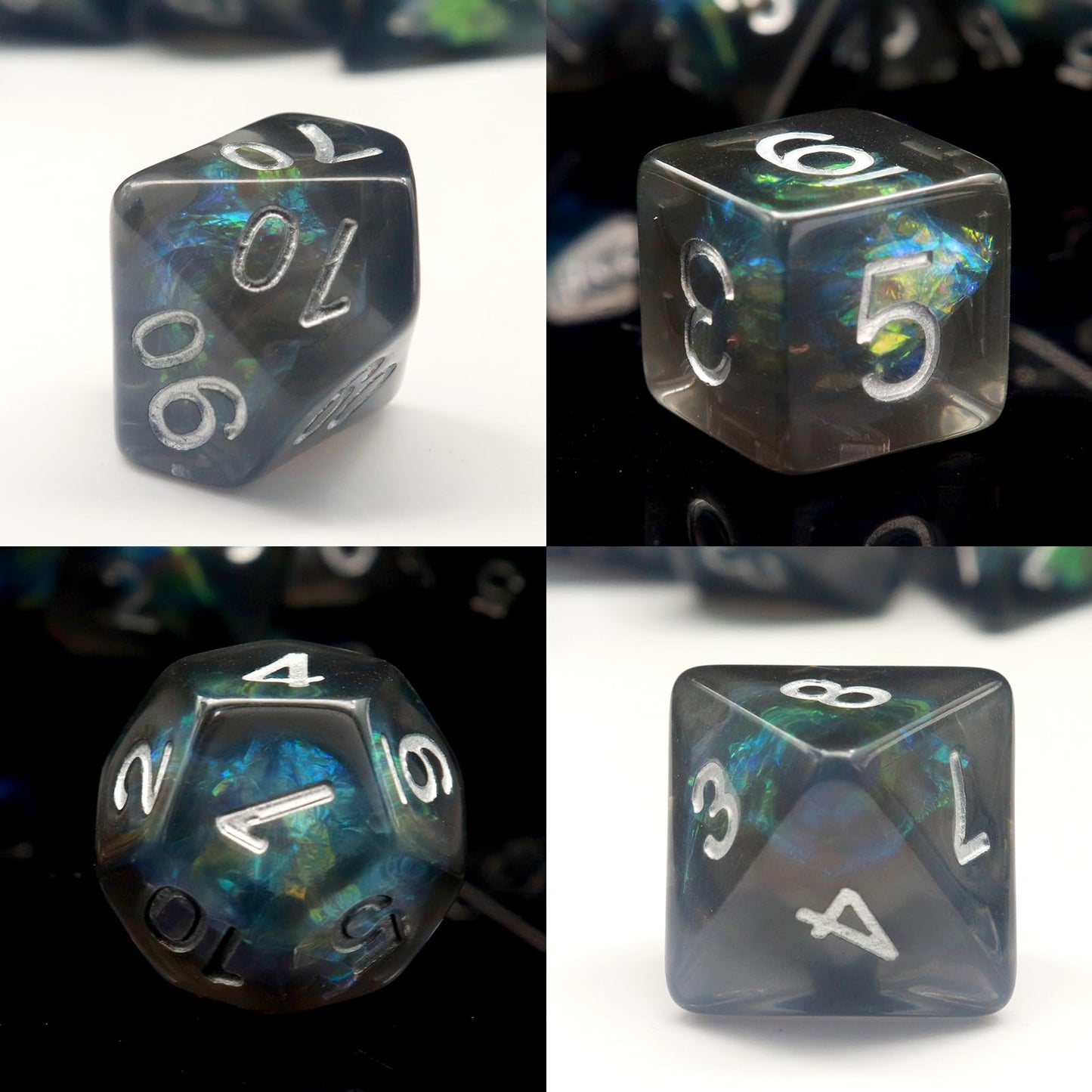PJOY Black Resin Dice Set DND Dice with Iridescent Mylar Inclusion Polyhedral Dice D&D Dungeons and Dragons Accessories Gifts