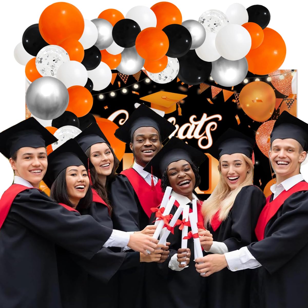 Orange Black Balloon Garland Arch Kit, 127Pcs Orange Black White Balloons Metallic Silver Confetti Balloons For Birthday Graduat
