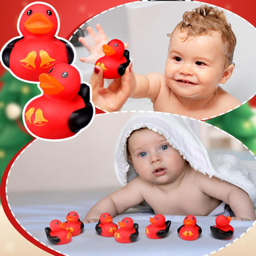 Leyndo 24 Pcs Christmas Mini Rubber Duck Bulk with Xmas Bell for Cruise Ship Party Favors Gifts Bathtub Floating Pool Squeaky Red Black Small Duck for Xmas Baby Shower Party Supplies