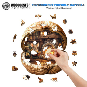 WOODBESTS Wooden Puzzles for mature-themeds - Mouse's Walnut House Mouse Wooden Jigsaw Puzzle Unique Animal Wood Puzzles mature-themed Xmas Gifts for Puzzle Lovers(95 Pcs S 8.5x7.5)
