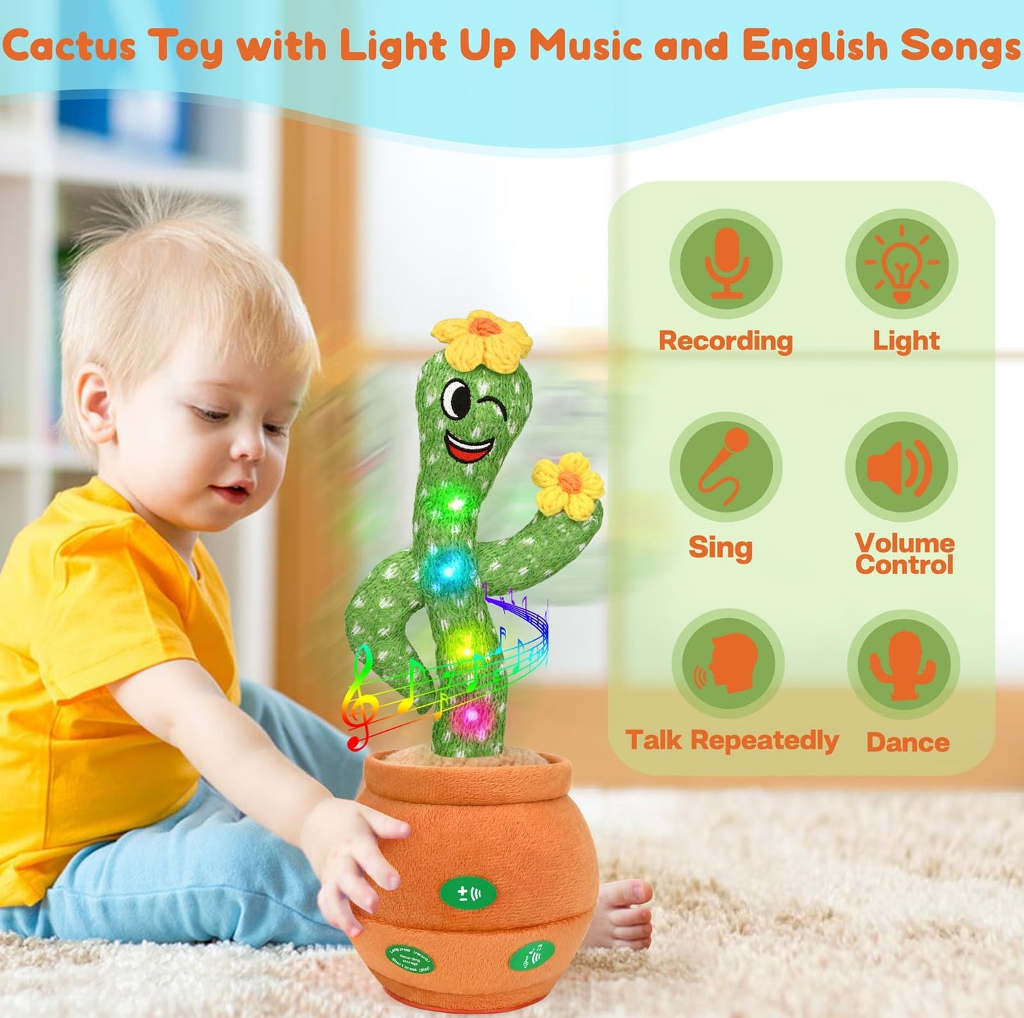Lgouygg Baby Toys, Singing Talking Cactus Toy For 3-6 Year Old Toddler Boys Girls, Mimicking Repeat What You Say, Plush Cactus With Light Up Music And Amusing Songs, Funny Gag Gifts For Kids