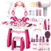 Toddler Makeup Table Toy With Mirror And Chair, Kids Pretend Play Vanity Set With Lights And Sounds Hairdryer, Make Up Accessori