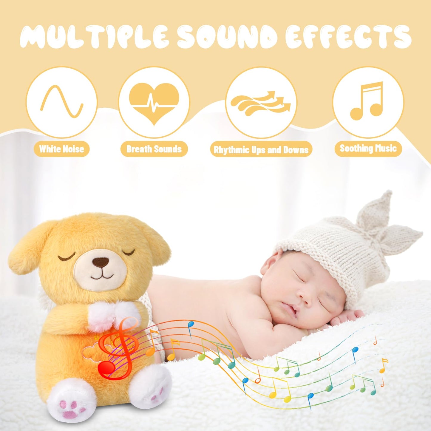 Prewplam Breathing Stuffed Animal, Dog Plush Baby Toy, Soothing Sound Machine With Music Lights & Breathing Motion For Anxiety K