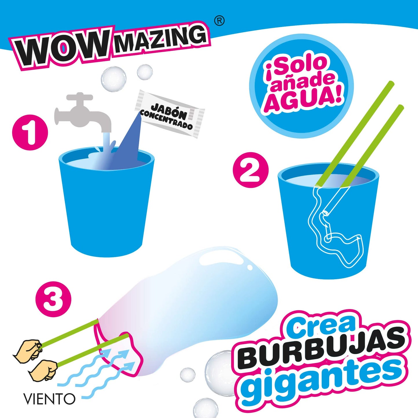 WOWMAZING Giant Bubble Wands Kit - 4-Piece Set, Includes Big Bubble Concentrate & Tips, Outdoor Toy for Kids, Made in the USA