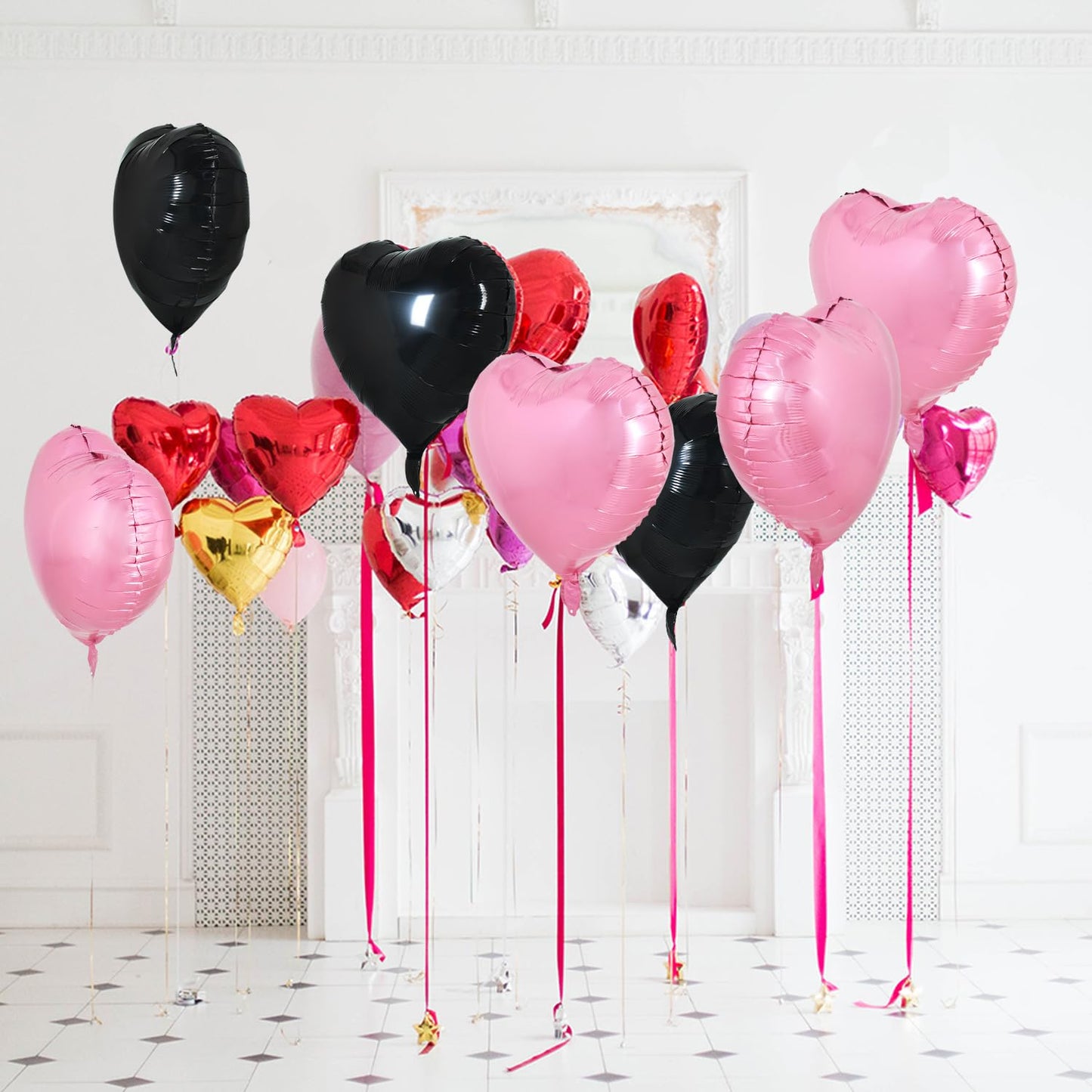 TONIFUL 30Pcs 18 Inch Pink Black Heart Balloons Valentines Day Heart Shape Foil Mylar Balloons Decoration for Romantic Valentine