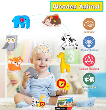 Wooden Animal Puzzles Toys For Toddlers,12Pc Safari Animal Figures,Animal Matching Sorting Stacking Toys For Boys Child Girls,Ed