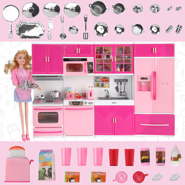 Doll Kitchen Playset for Kids, My Modern Mini Kitchen House Furniture Pretend Play Toy Accessories Set with Realistic Lights & S