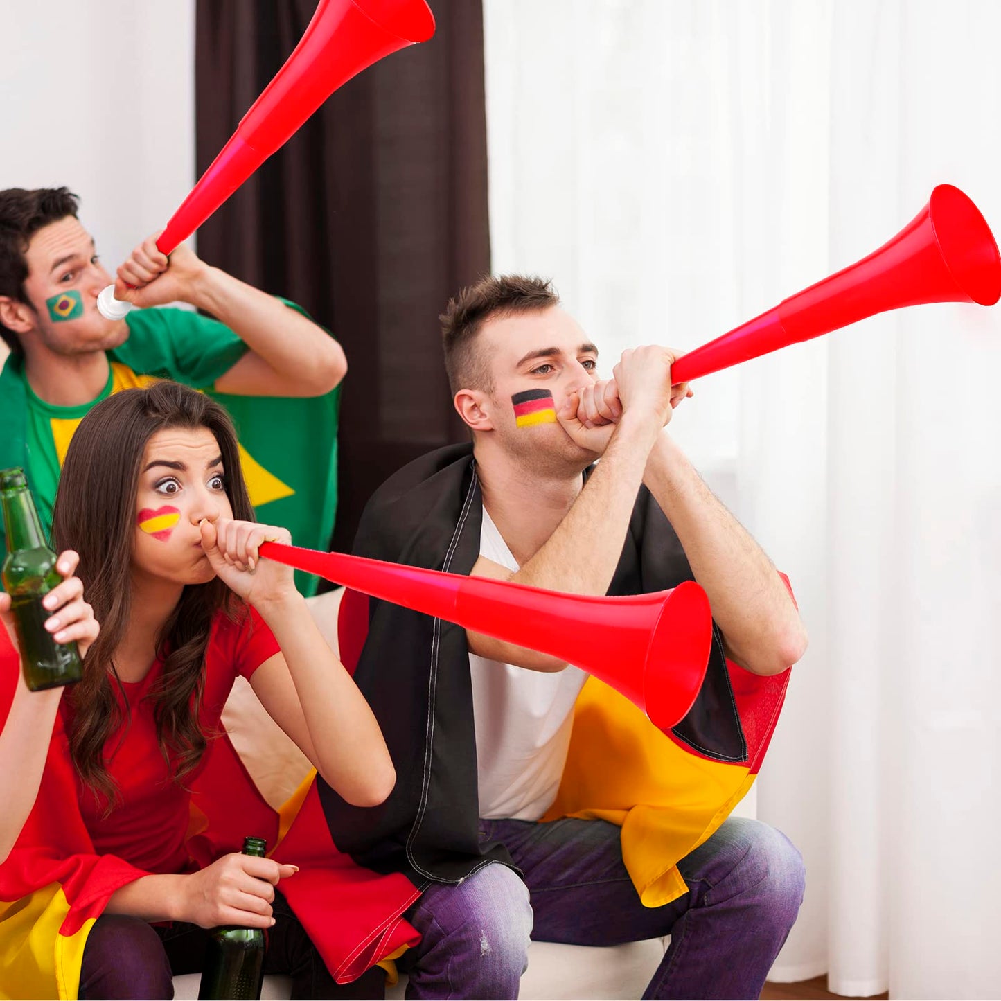4 Pieces Collapsible Stadium Horn 24 Inch Vuvuzela Plastic Trumpet Horn Blow Horn Noisemakers For Sporting Events Graduation Games School Sports Party Supplies Favors Accessories (Red)