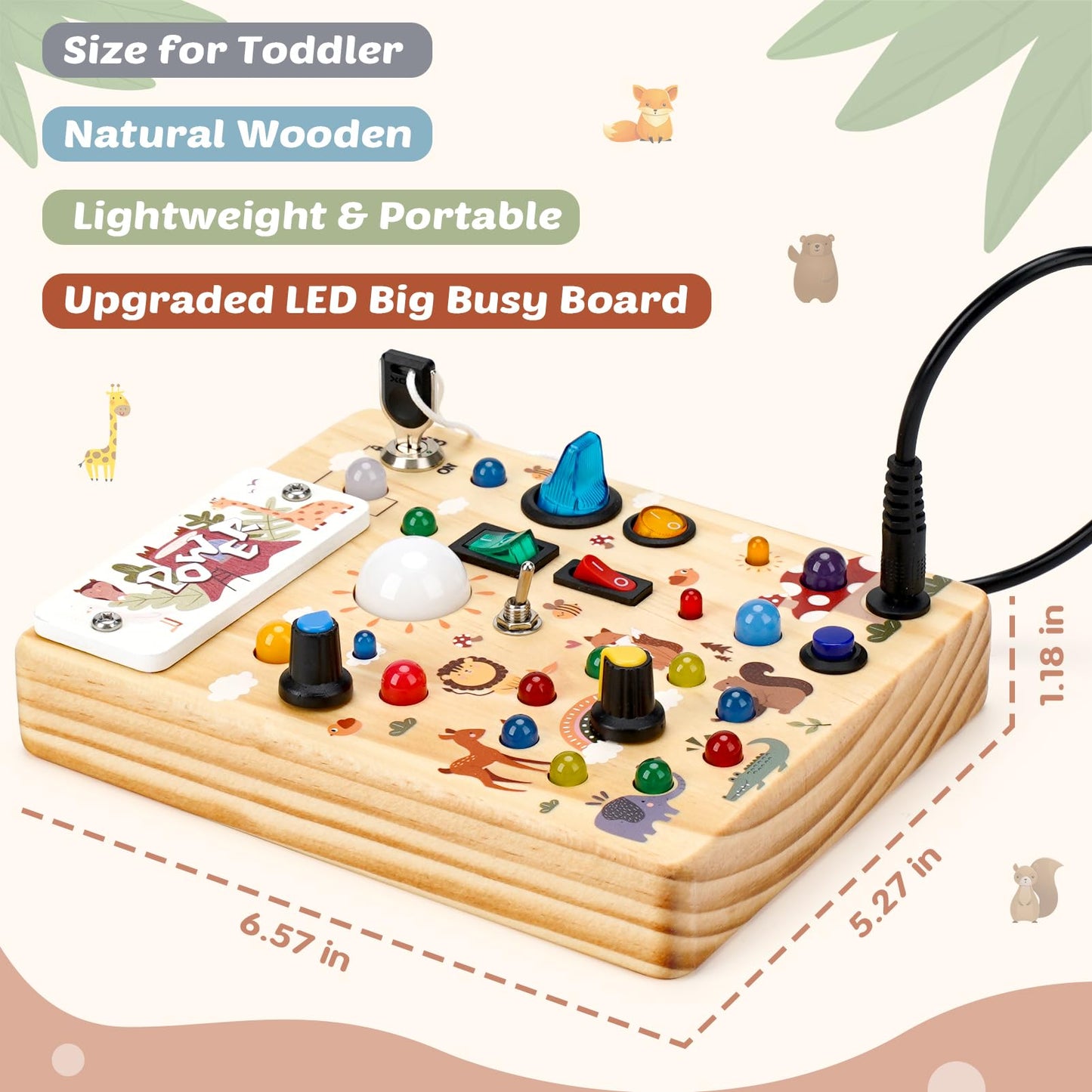 Joyreal Wooden Busy Board With Led Light, Montessori Toddler Toys, Wooden Sensory Board, Toddlers Activity Travel Toys For Boy &