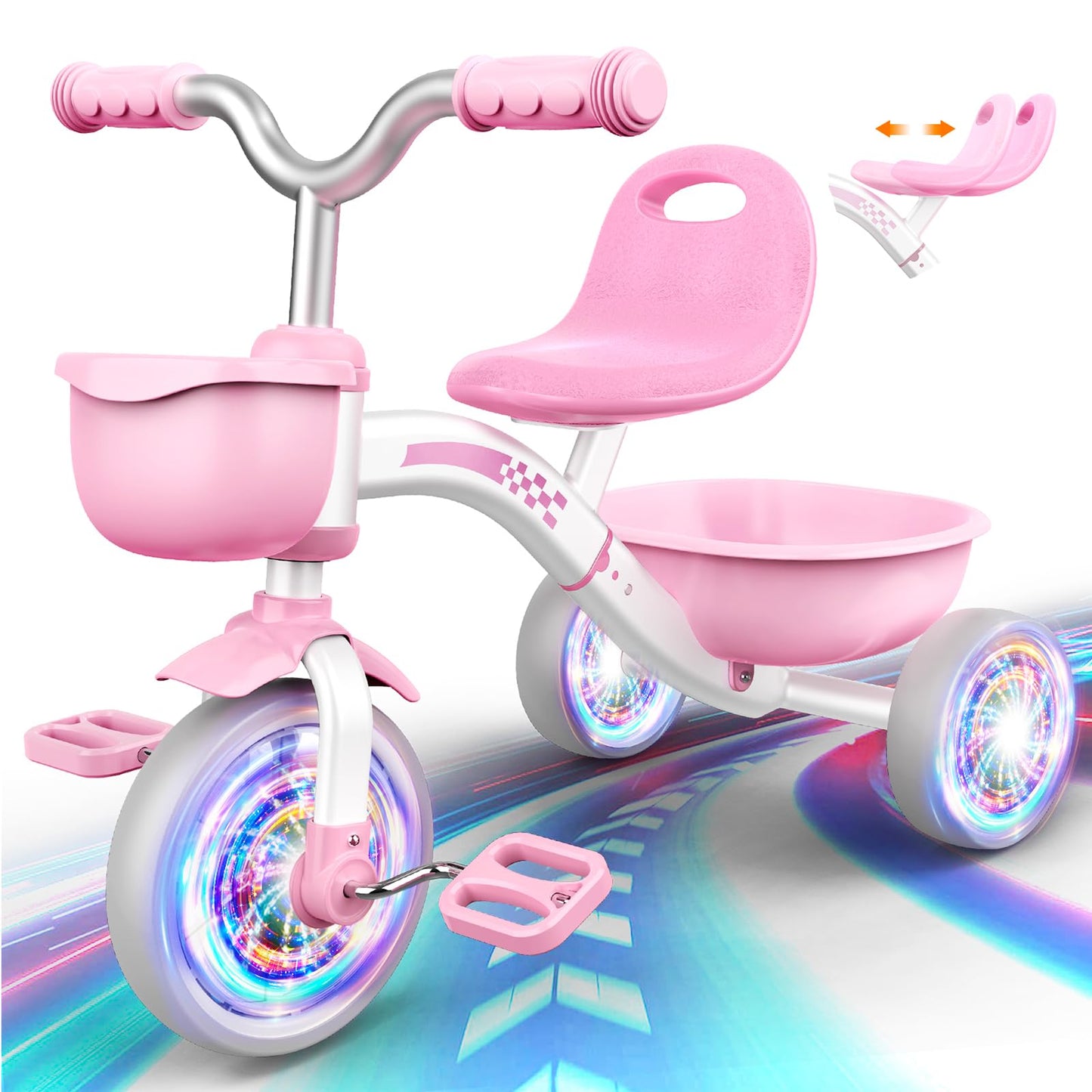 Toddler Tricycle For 1-3 3-5 Year Olds, Toddler Toys Baby Bike, Toys For Ages 2-4, 3-Level Adjustable Seat, 3 Colorful Lighting
