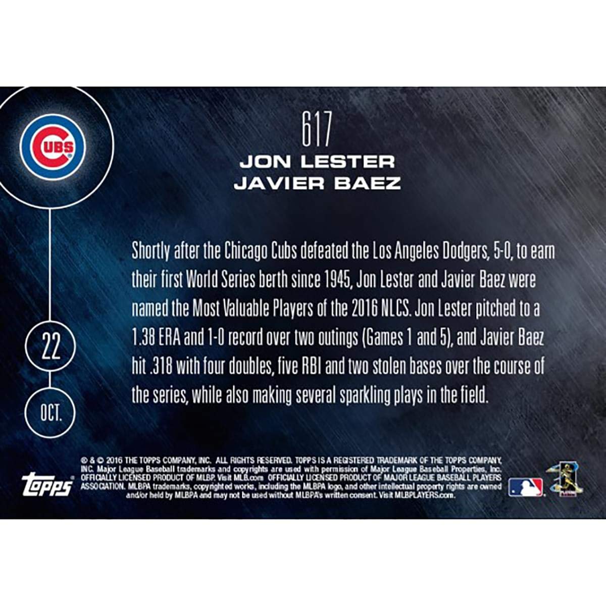 Mlb Chicago Cubs Javier Baez/Jon Lester #617 2016 Topps Now Trading Card