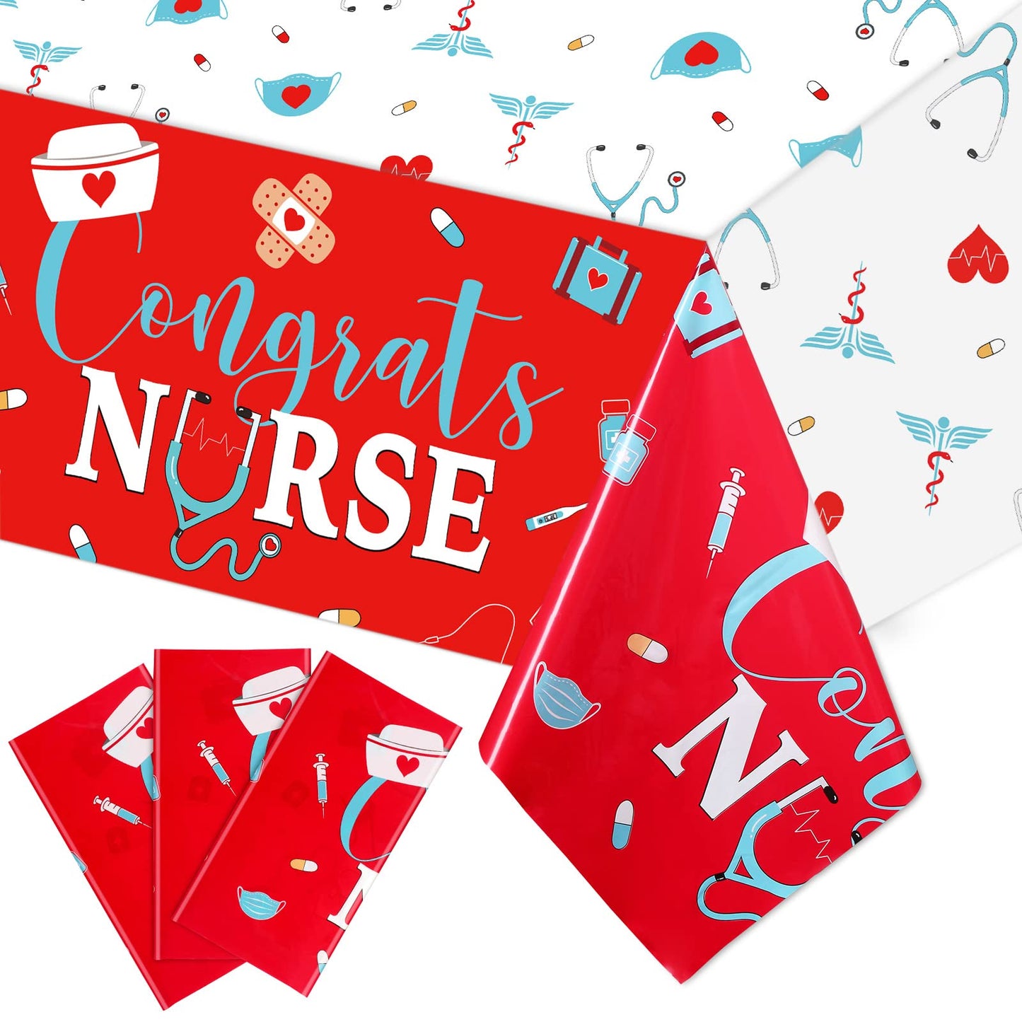 Moukeren 3 Pieces Nurse Graduation Tablecloth Plastic Congrats Table Covers Red White Nurse Grad Table Cloth for Graduation Part