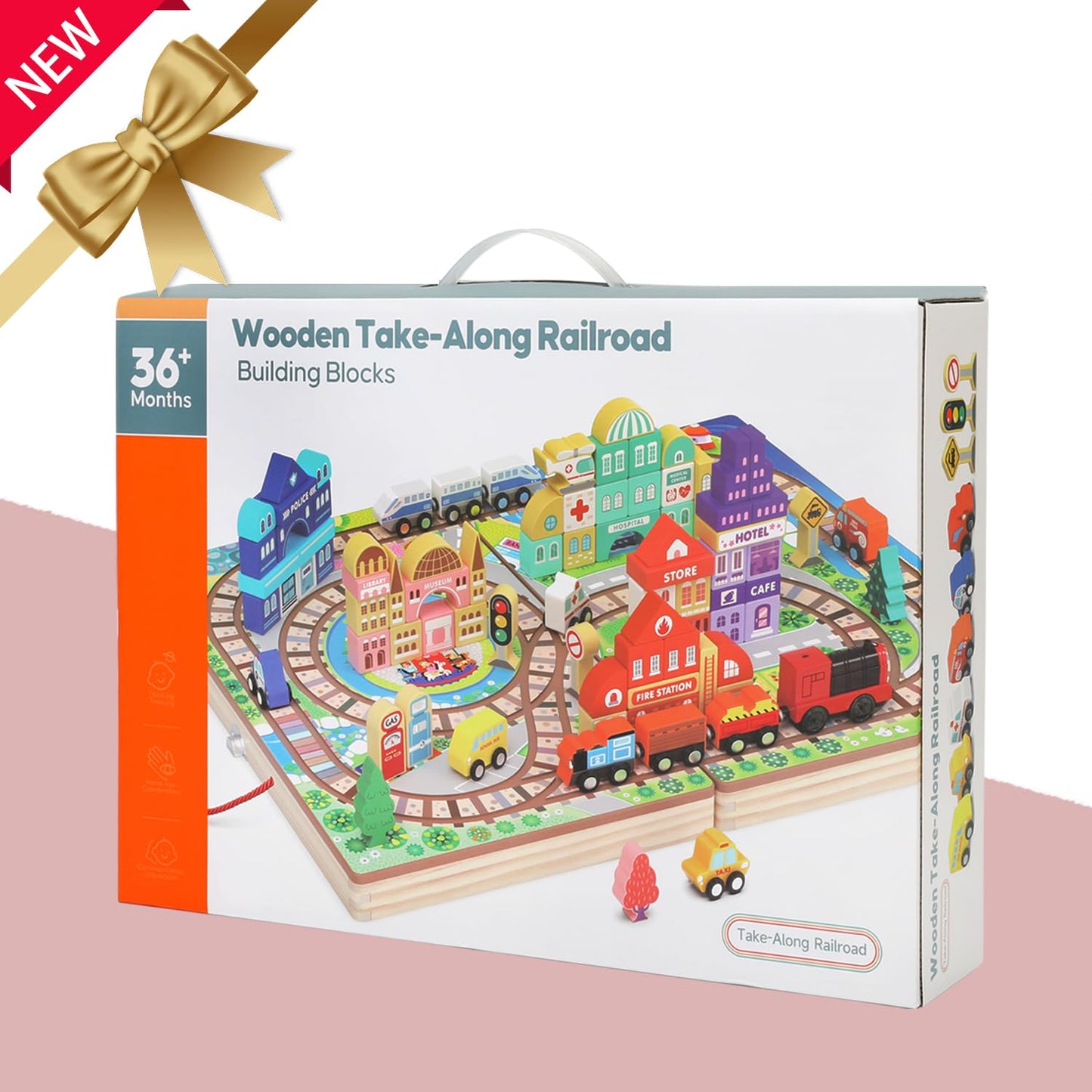 Large Wooden Building Blocks Set, Electric Train City Construction Stacking Blocks Preschool Learning Educational Toys,Wooden Take-Along Tabletop Railroad Play Set For Toddlers