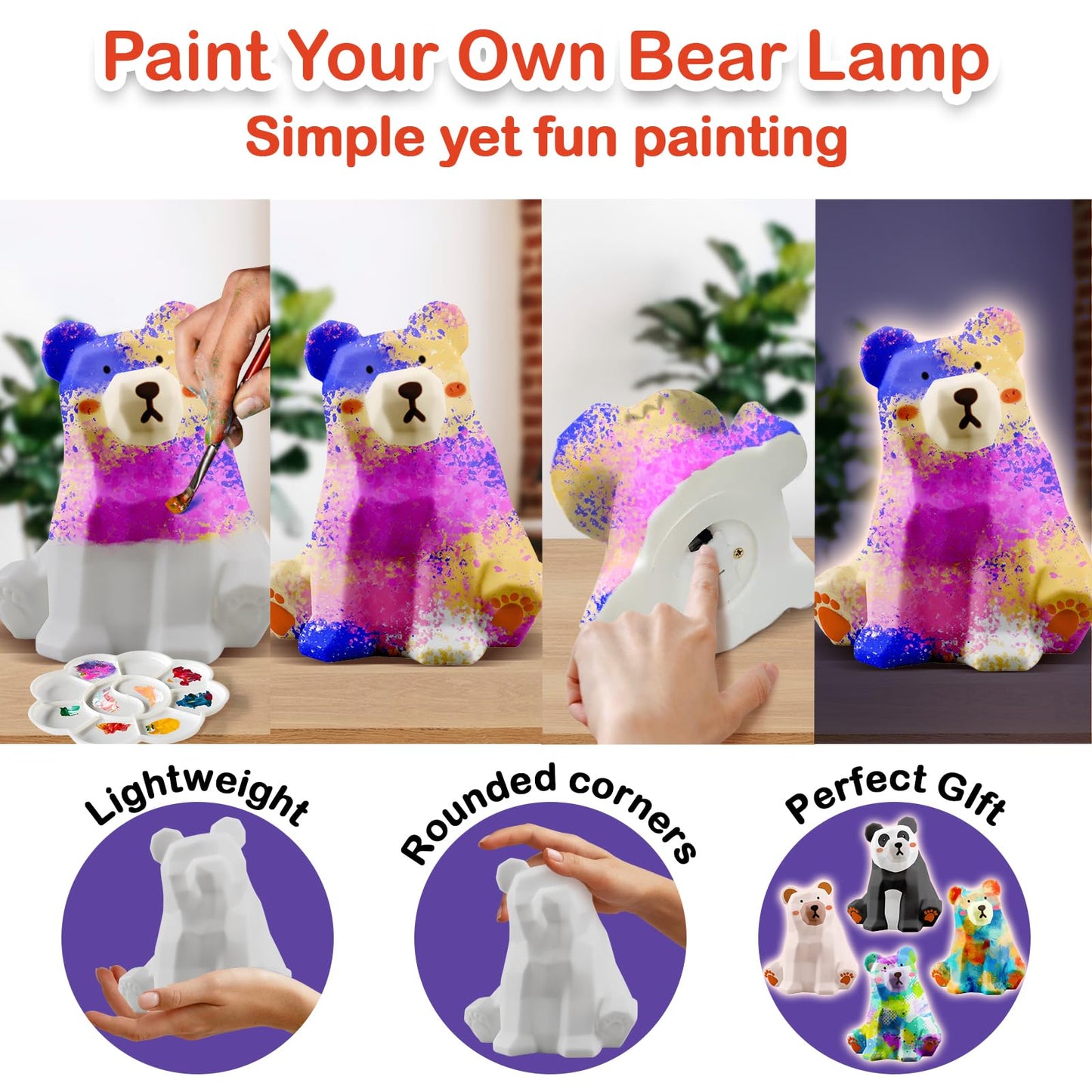 Goodyking Paint Your Own Bear Lamp Kit, DIY Geometric Bear Night Light, Arts & Crafts for Kids Ages 8-12, Painting Kit for Girls