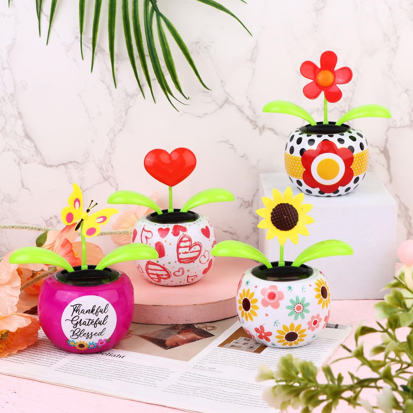 4 Solar Dancing Butterfly Toy Solar Powered Dancing Sun Flower In Colorful Pots Swinging Heart Shape Flip Flap Animated Bobblehead Dancer Window Rose Sun Catcher Car Dashboard Decor