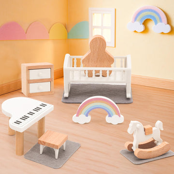 HAPGFS Wooden Dollhouse Furniture Set Elegant Kids Room & Bathroom Doll House Accessories enhanced Wood Toys for 3-6 Year Olds Dollhouse Decor Set for Girls & Boys Birthday Christmas