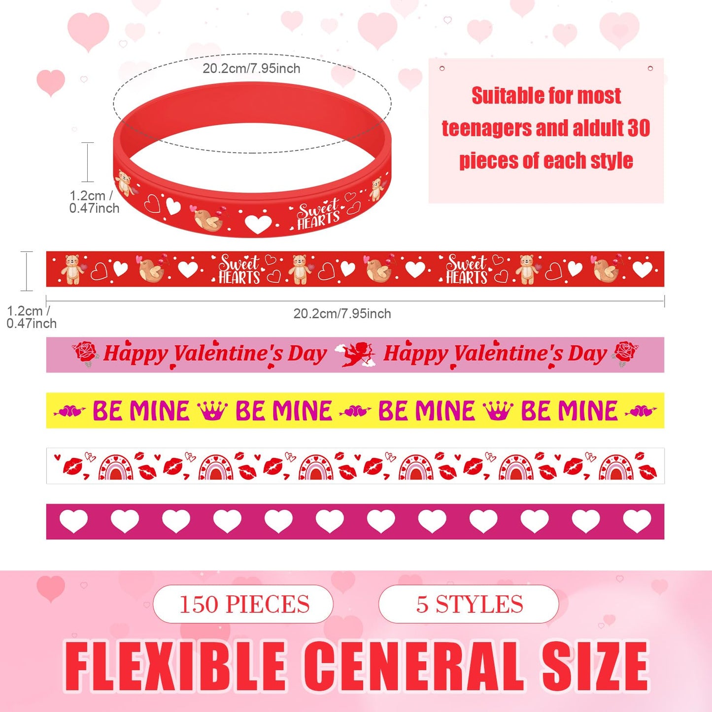 Remuuly 150 Pieces Valentine's Day Bracelets Rubber Silicone Wristband with 5 Patterns Valentines Gifts Party Favors for Goodie