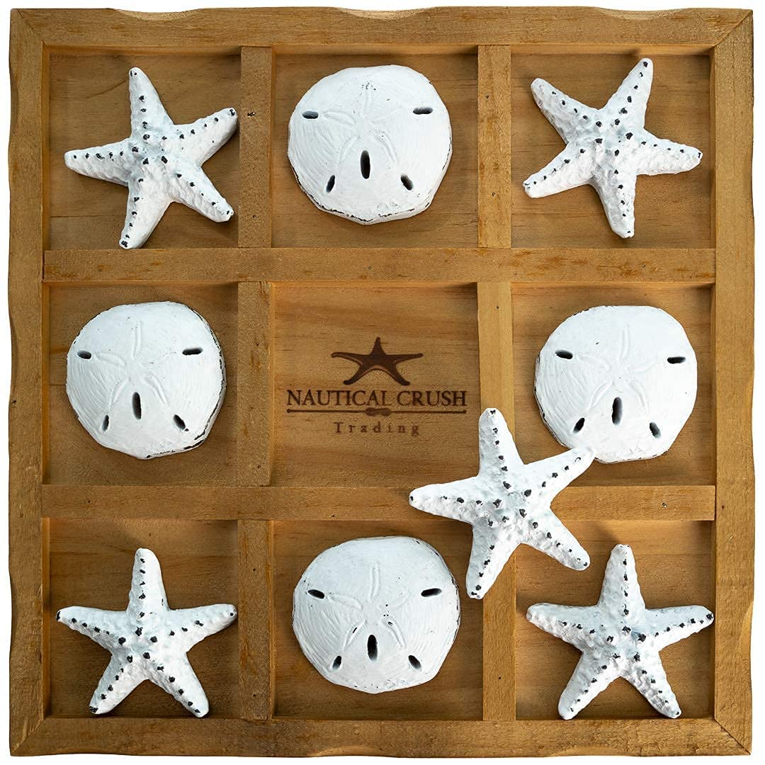 Nautical Crush Trading Starfish Tic Tac Toe Game - 9 x 9 Coastal Beach Decor - White Starfish & Sand Dollars