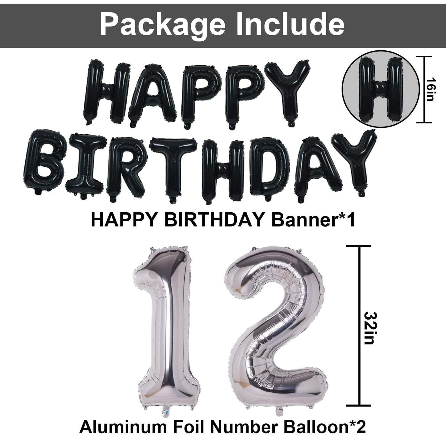 Naninuneno 12Th Black Silver Birthday Party Decorations For Boys Girls, Happy 12 Birthday Party Supplies With Black Happy Birthd