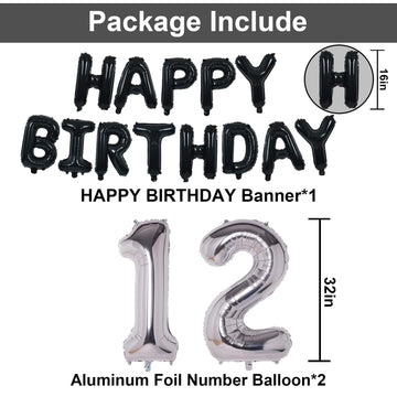 Naninuneno 12Th Black Silver Birthday Party Decorations For Boys Girls, Happy 12 Birthday Party Supplies With Black Happy Birthd