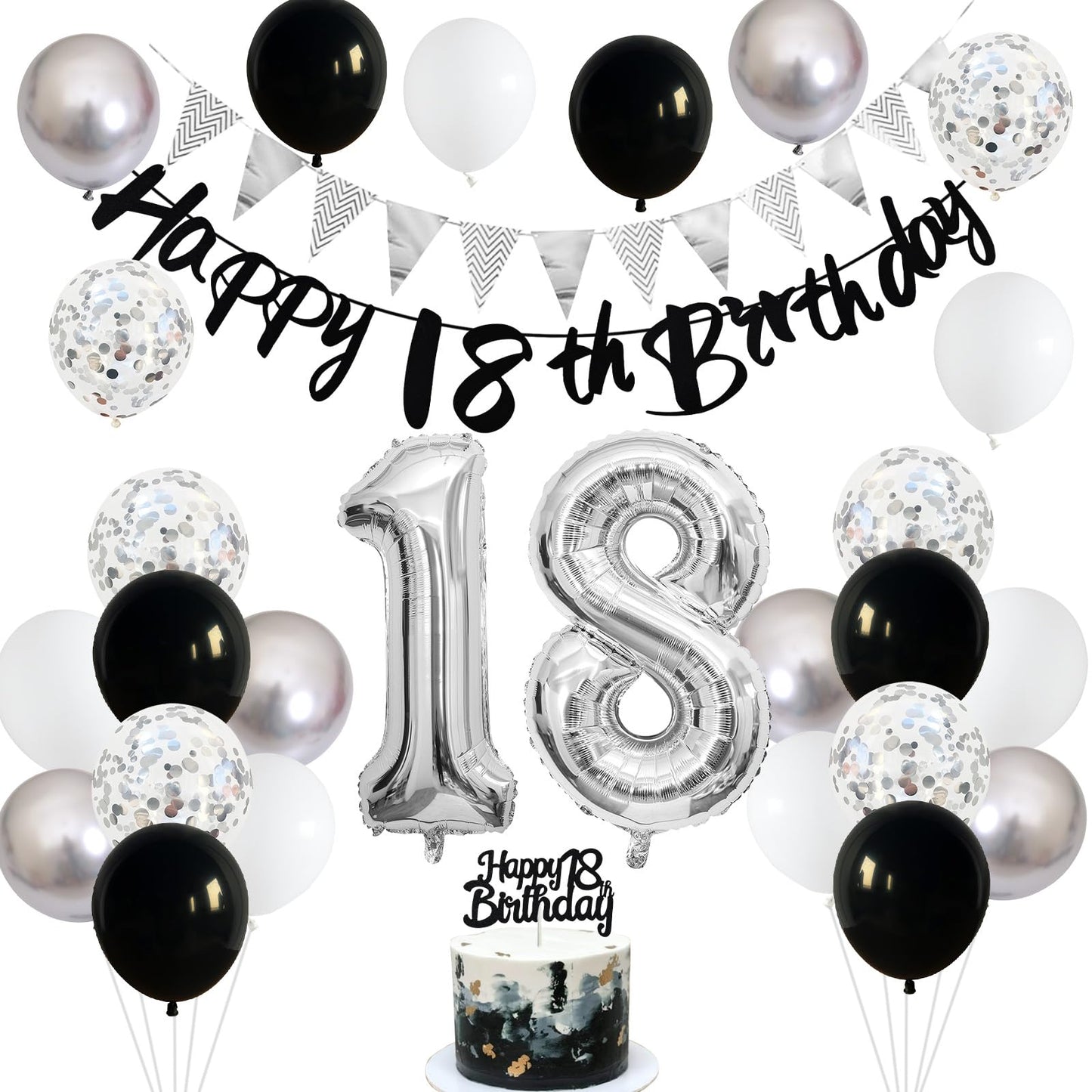 18Th Birthday Decorations For Boys Girls, Black Happy 18Th Birthday Banner With Black Silver White 18Th Birthday Balloons Cake T