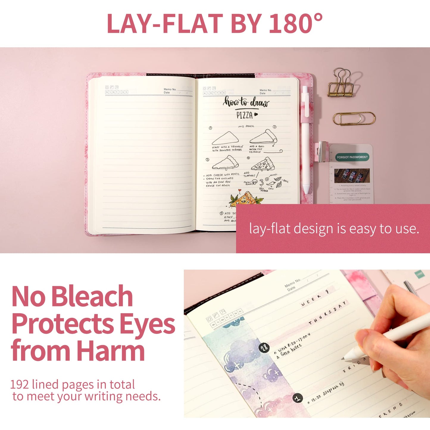 Cagie Marble Diary With Lock For Girls And Women, Waterproof Journal With Lock 192 Pages Secret Girls Locked Diary With Pen, Password Locked Journals For Teen Girls, A5 Pink
