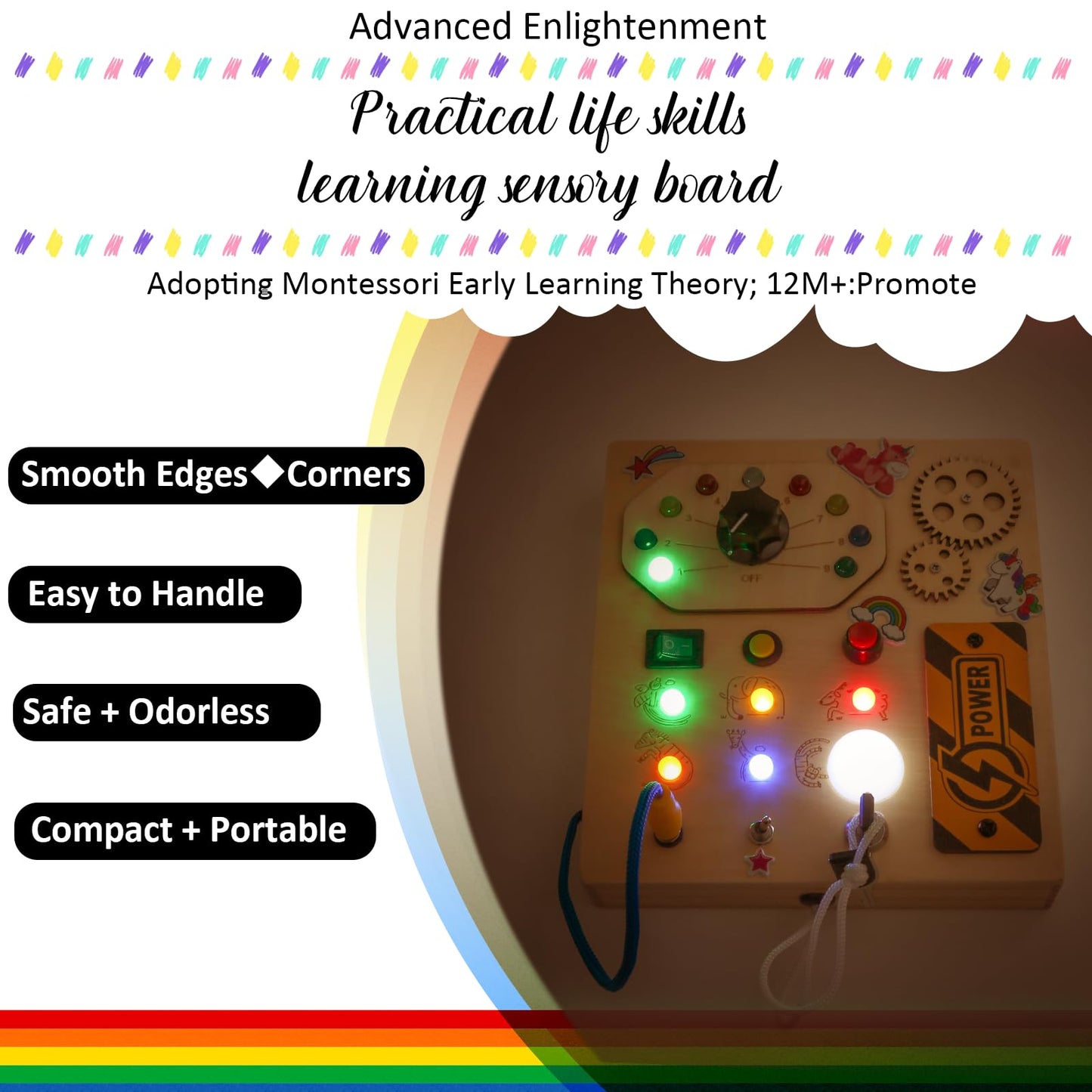 Jamiewin Montessori Busy Board With Led Light Switch For Toddlers 1-3, Wooden Sensory Board Travel Toys For Toddlers Baby, Monte
