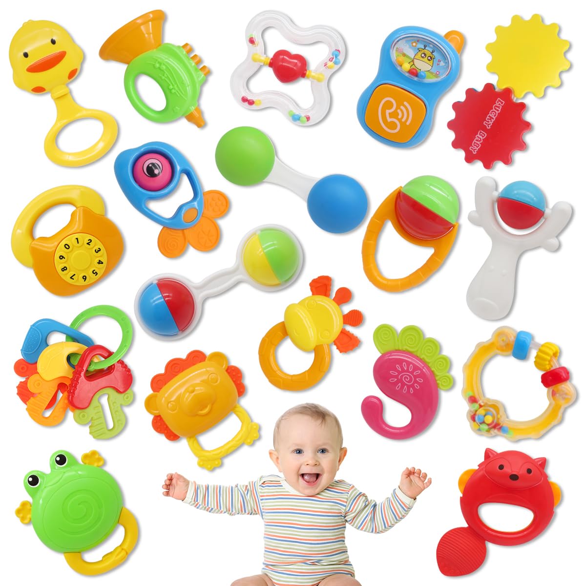 Qizebaby 21Pcs Baby Rattles Toys Set, Baby Toys 3-6 Months, Infant Grab And Shake Rattle, Sensory Teether, Music Learning Toys F