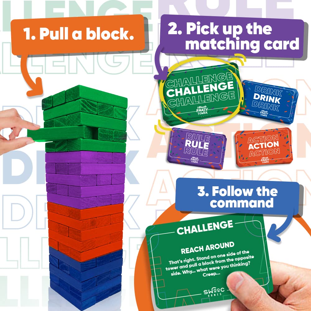 Swooc Games - Ultimate Party Tower - 100 Original Commands, 60 Blocks, & 1000S Of Hilarious Rule Combinations - A Tipsy Spin On Fun Classic Games For Power Hour - Ages 21+ - Wooden Tower Blocks Game