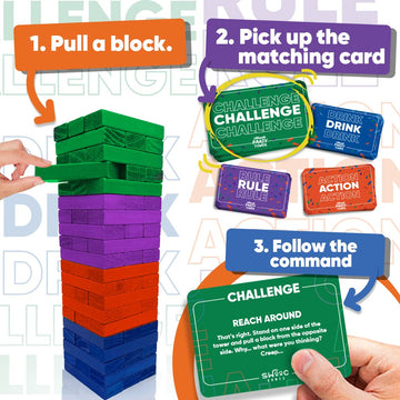 SWOOC Ultimate Party Tower - 100 Commands, 60 Wooden Blocks, Purple - Fun Game for Ages 21+ - Model PARTY-TOWER