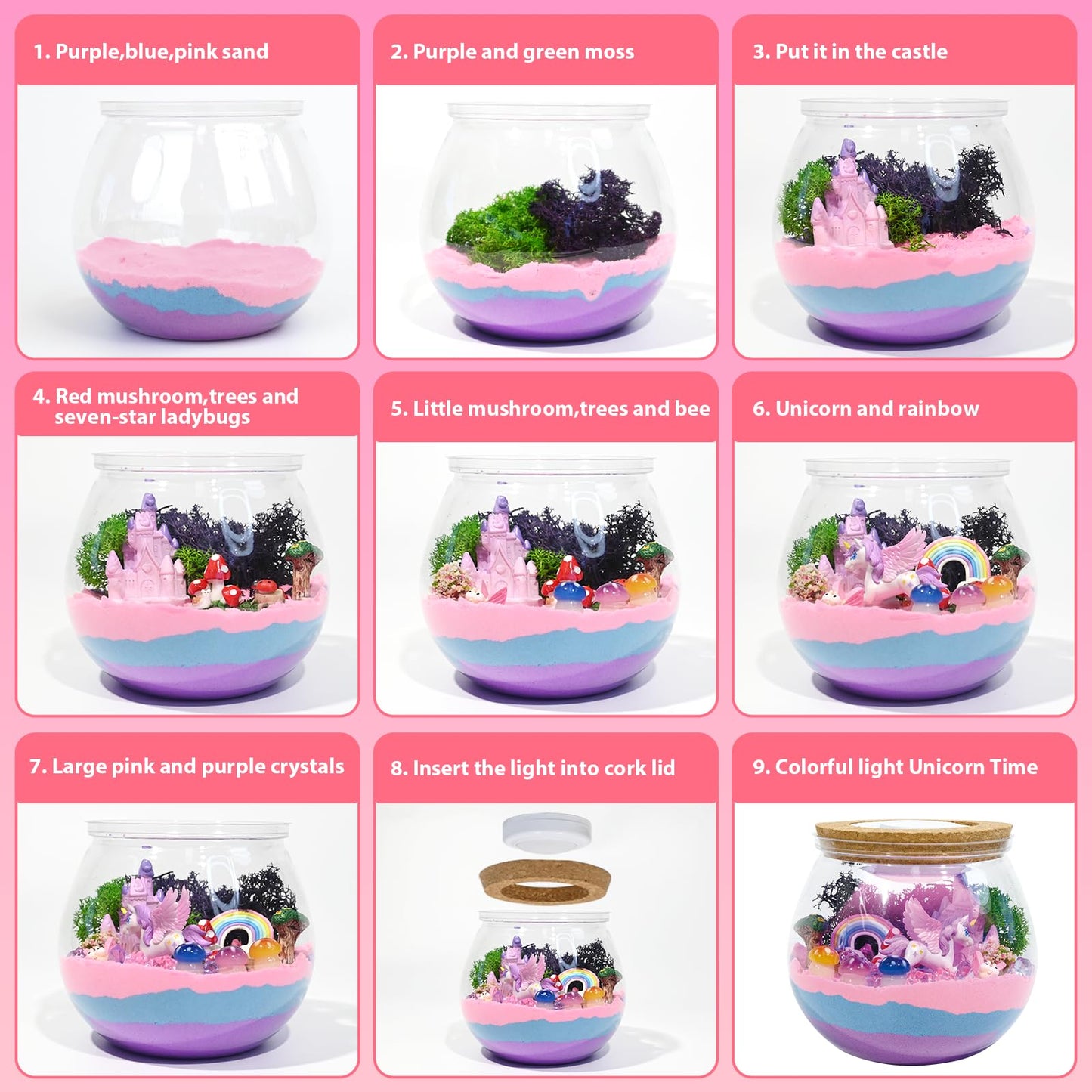 Unicorn Light-Up Terrarium Kit For Kids - Led Night Light Birthday Gift For Girls Ages 4 5 6 7 8-12 Year Old - Unicorn Toys For