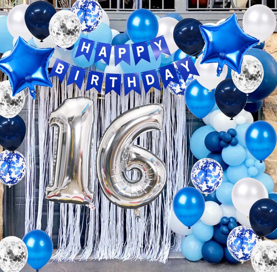 16Th Birthday Party Decoration For Boys, Happy Birthday Banner Blue Number 16 Birthday Balloons 16Th Birthday Latex Confetti Bal