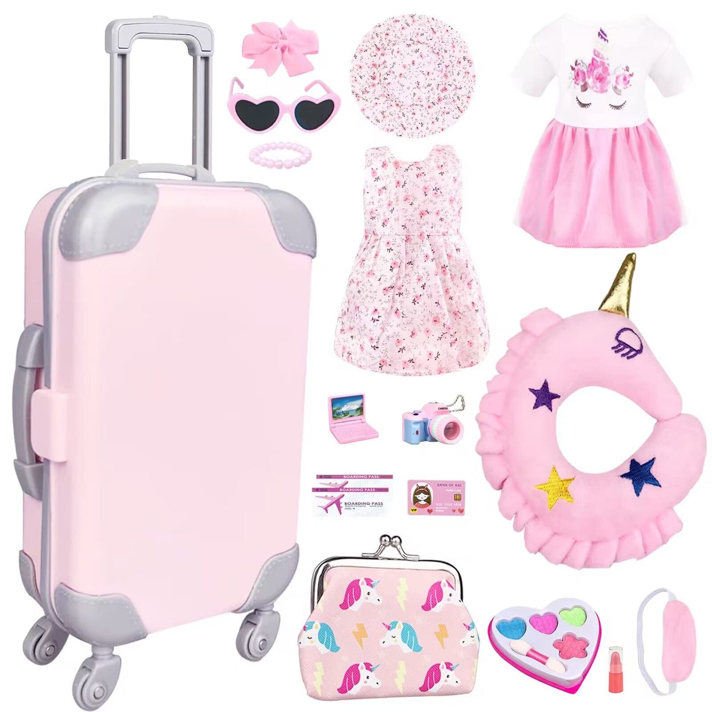 Bnuzeiyi 17Pcs 18 Inch Girl Doll Clothes And Accessories Doll Accessories Travel Play Set With Travel Pillow Camera For 18 Inch Dolls Gift For Girls