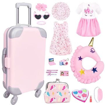 Bnuzeiyi 17Pcs 18 Inch Girl Doll Clothes And Accessories Doll Accessories Travel Play Set With Travel Pillow Camera For 18 Inch Dolls Gift For Girls