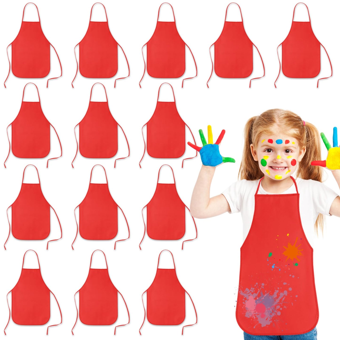 Kuuqa 16Pack Kids Art Aprons Bulk Red Children Painting Aprons Art Smocks For Craft Kitchen Classroom Painting Party Supplies