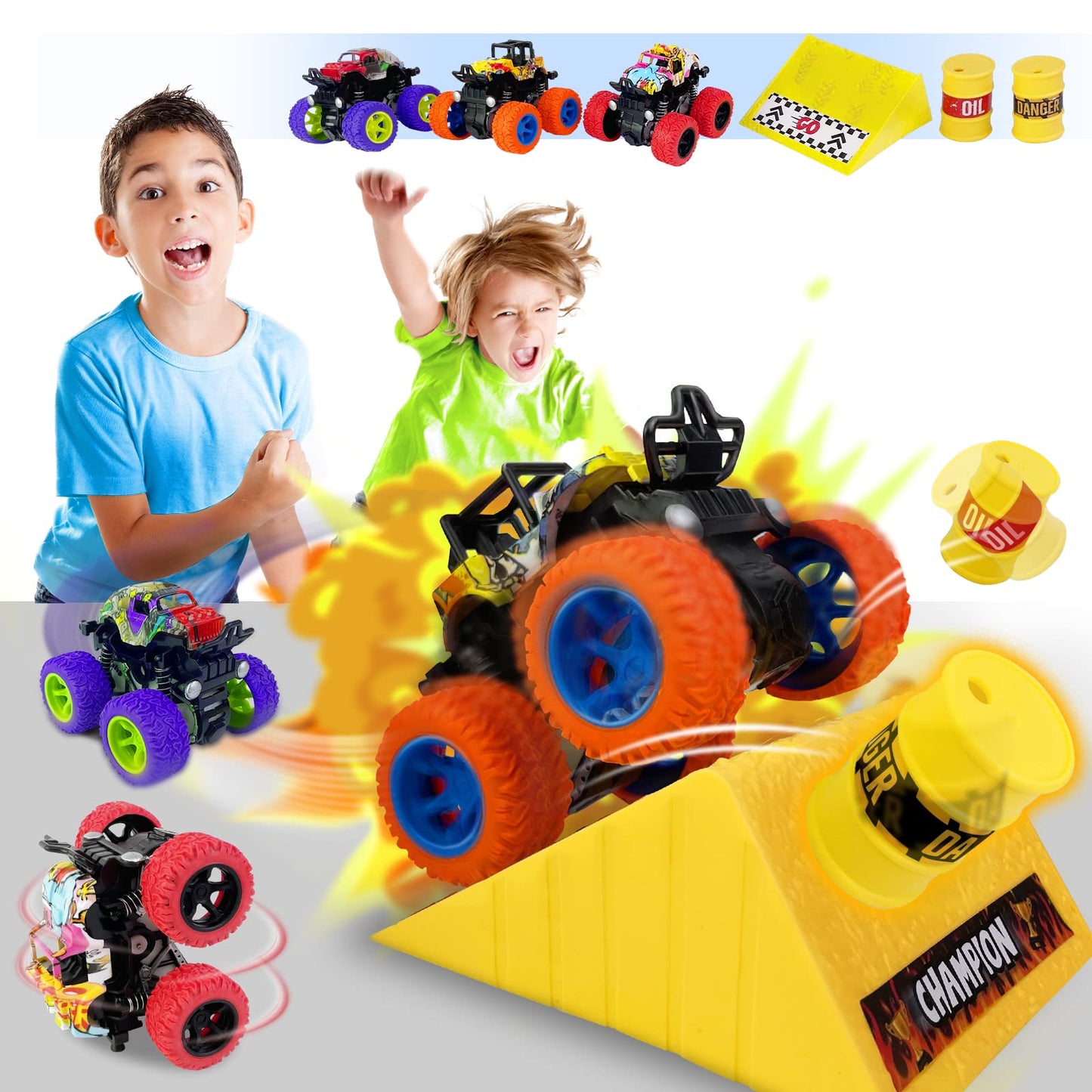 CozyBomB Monster Trucks Toys for Boys - Friction Powered 3-Pack Mini Push and Go Car Truck Playset Inertia Vehicle for Boys Girl