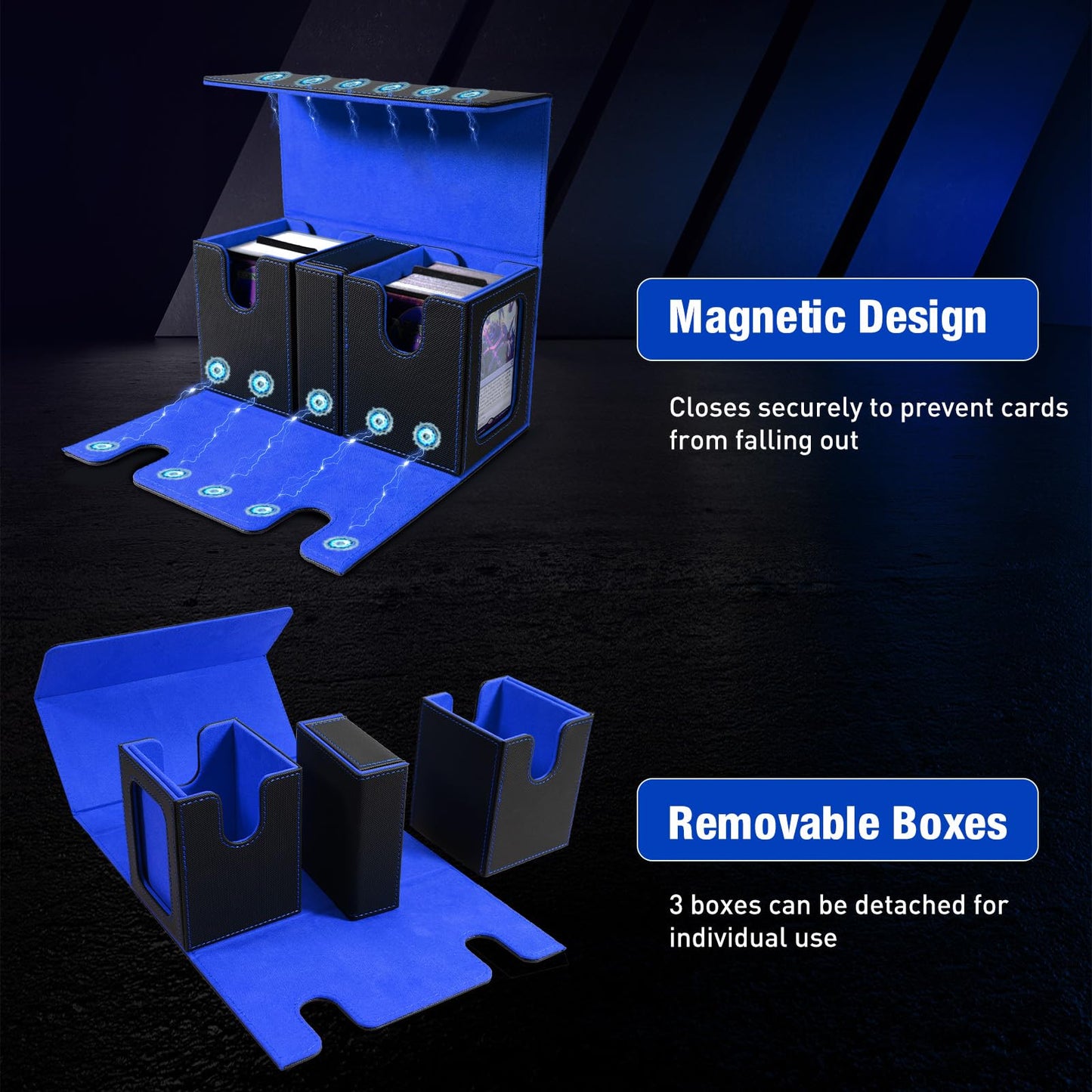 TiMOVO MTG Deck Box Commander Deck Case Fits 200+ Double-Sleeved Cards Magnetic Leather Card Storage Box with 2 Commander Display & 4Dividers & Dice Tray Fit YuGiOh TCG CCG Magic Cards Black+Blue