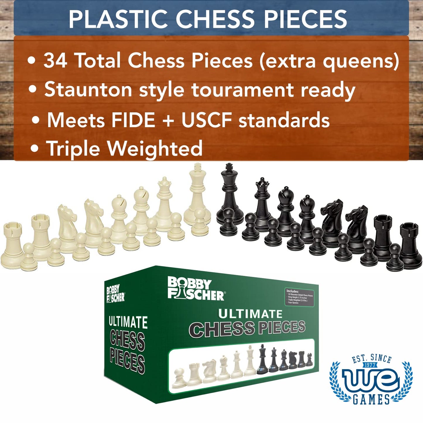 WE Games Bobby Fischer Ultimate Chess Set - Staunton Plastic, Triple Weighted, Extra Queens, Black, Model 04-4037