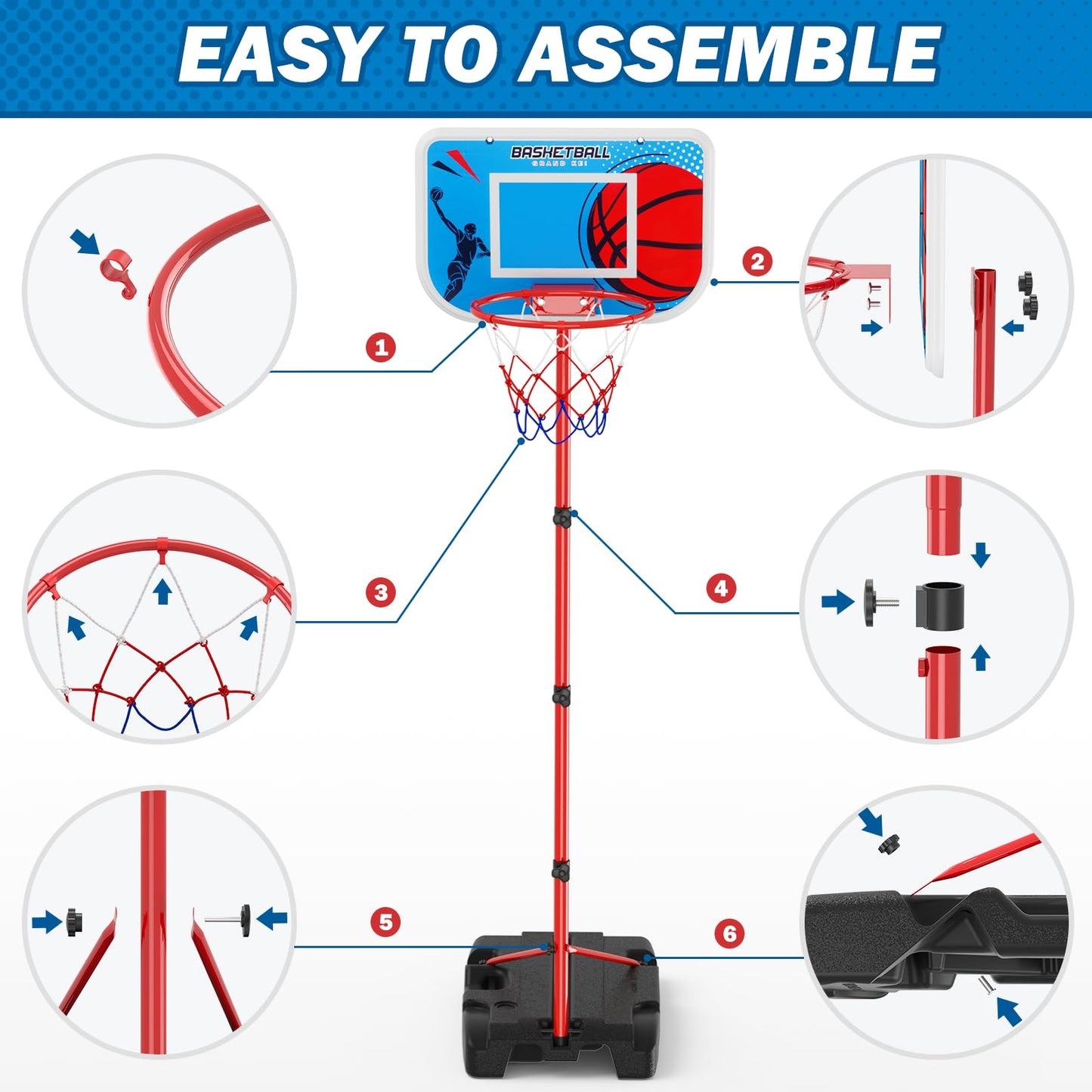 HYES Kids Basketball Hoop Indoor, Toddler Basketball Hoop Outdoor, with Package Design/Adjustable Height/4 Balls, Portable Baske