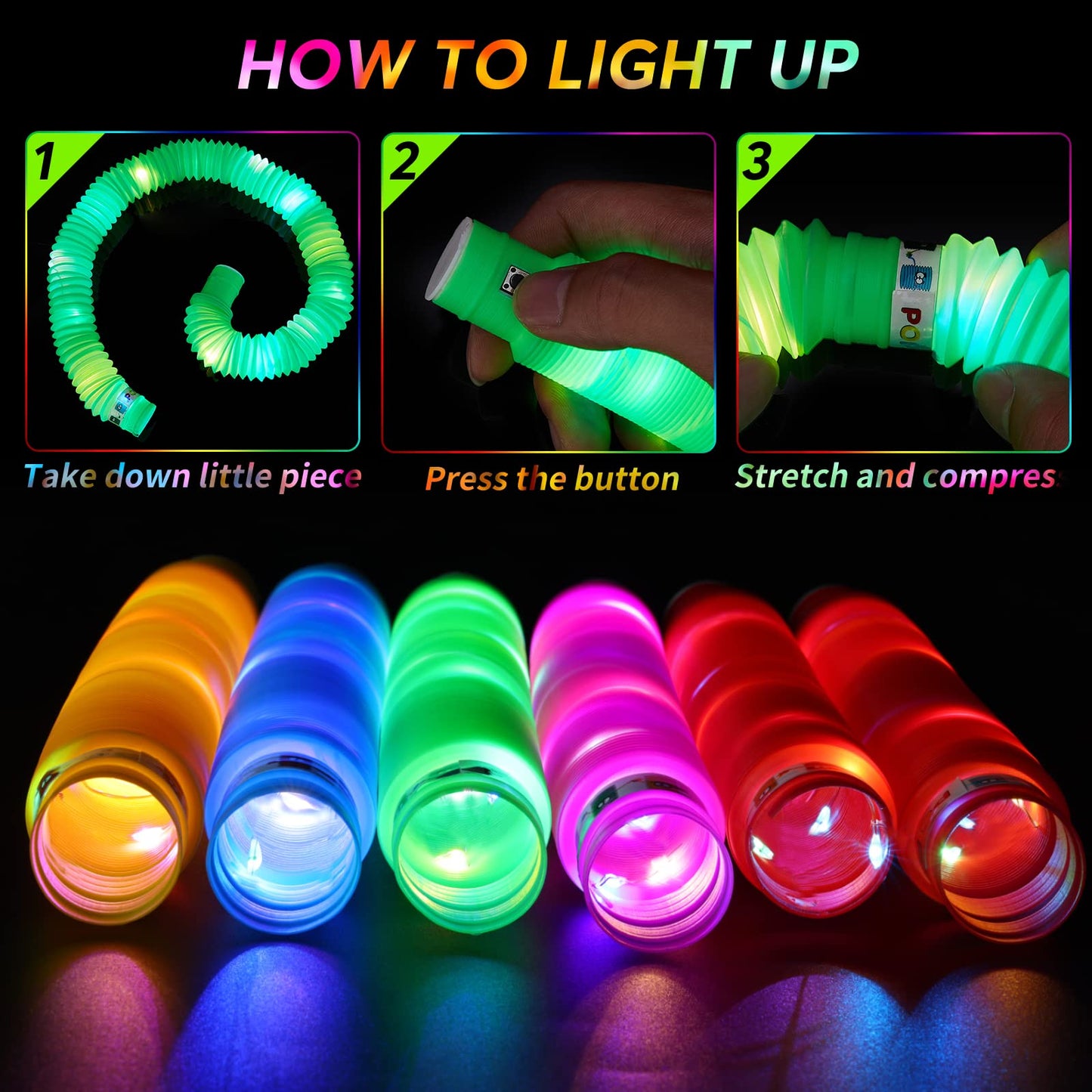 Airney 48 Pcs Glow In The Dark Party Supplies, Light Up Led Pop Tubes, Glow Tubes Glow Sticks Sensory Toys Birthday Glow Party Favors For Kids, Light Up Toys Goodie Bag Stuffers Gifts Prize (48 Pcs)
