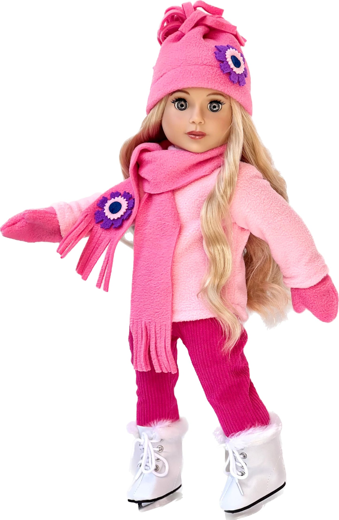 - Ice Skating Fun - 6 Piece Outfit Fits 18 Inch Doll - Pink Fleece Blouse With Stretchy Leggings, Hat, Scarf, Mittens And White Ice Skates - (Doll Not Included)
