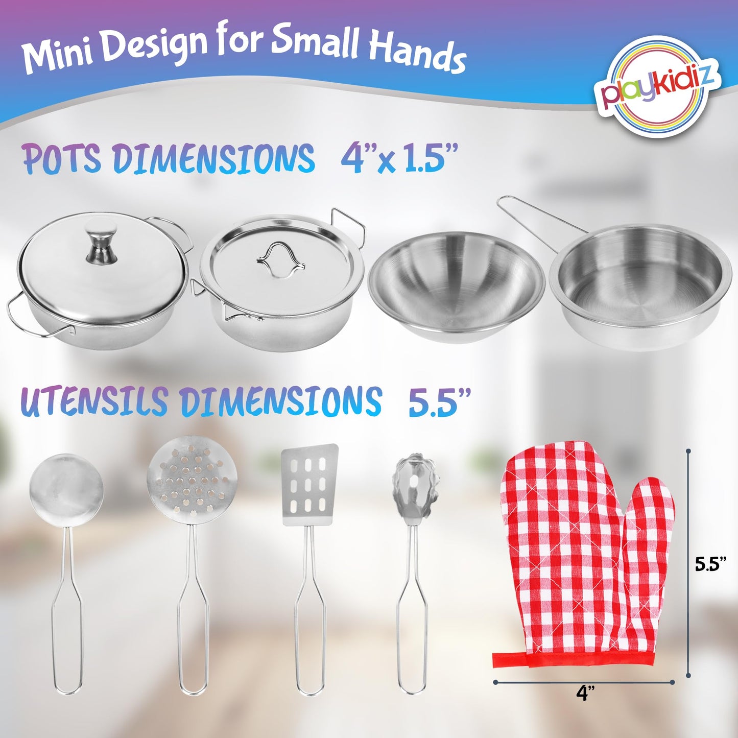 Playkidz Stainless Steel Pots and Pans - Toy Cookware 9 Piece Playset for Kids Pretend Play House - Great Birthday Gift for Girl