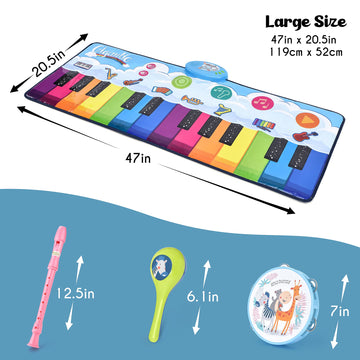 Floor Piano Mat For Kids – Large 4Ft. Portable Play Mat – 24 Keys, 8 Inbuilt Sounds – Completed Set With 2 Maracas, Tambourine, And Flute – Ideal Gift For Ages 3+ – Non-Slip, Compact & Portable - Usa