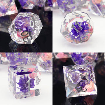 PJOY DND Sharp Edged Dice Set, 7pcs Pink and Purple Flower DND Dice Set Resin D&D Polyhedral Dice with Dice Case for Role Playin