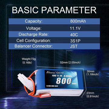 Gens ace 3S 800mAh 11.1V 40C LiPo Battery Pack with JST Plug(2 Pcs)