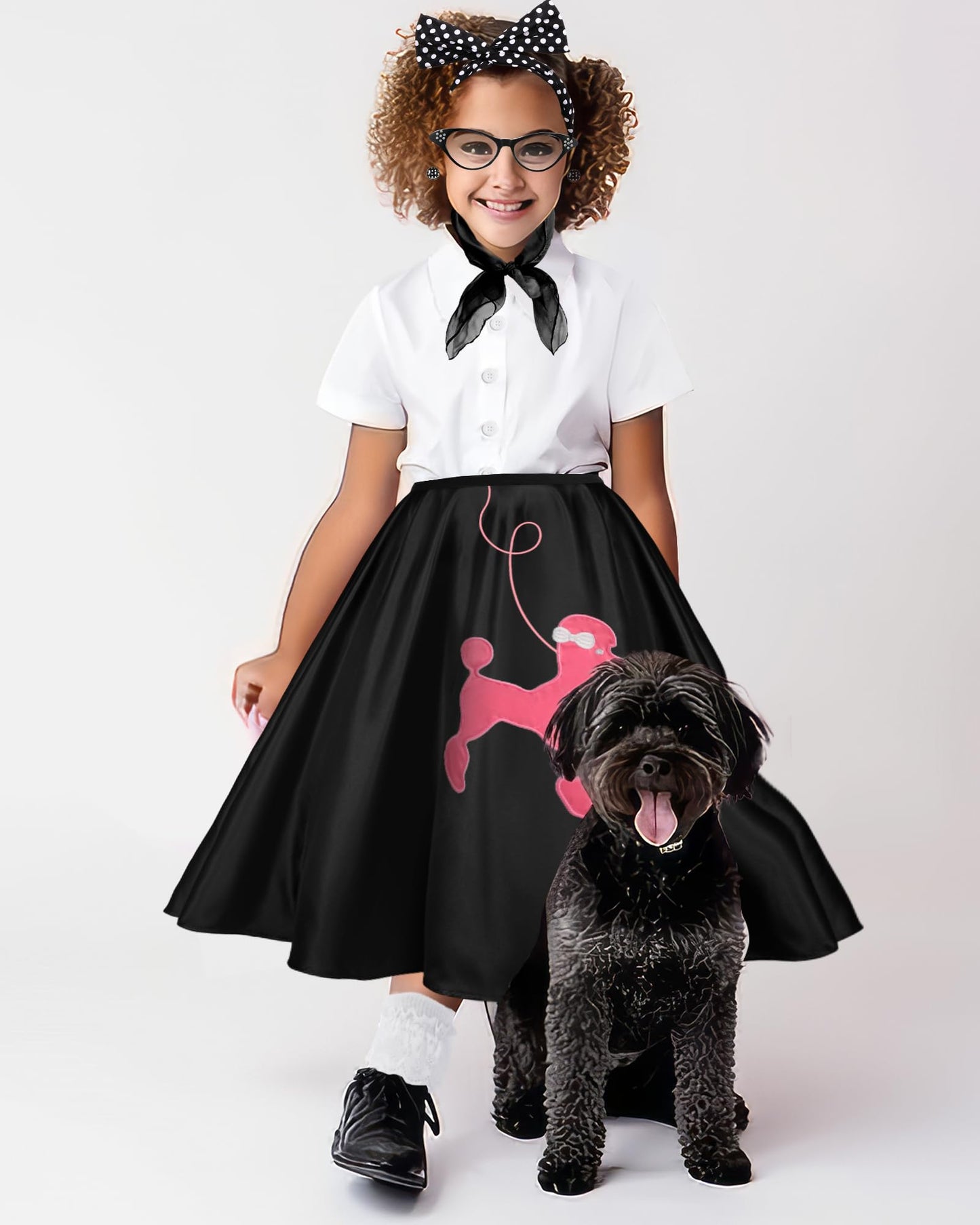 Silicherry 1950S Kids Poodle Skirt 50S Sock Hop Costume With Shirt Scarf Headband Earrings Glasses Socks(4-6 Years,Black)