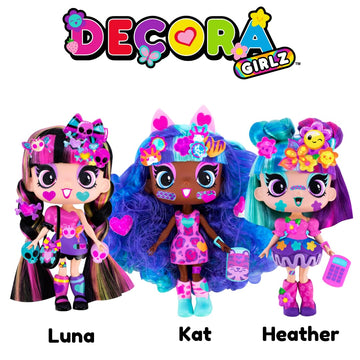 Decora Girlz 5' Dolls -3 Pack C - Kat, Luna, And Heather | Fashion Dolls For Ages 4 And Up | Surprise Birthday Gift For Children | Set Of Doll Clothes, Stickers, Dolls & Accessories