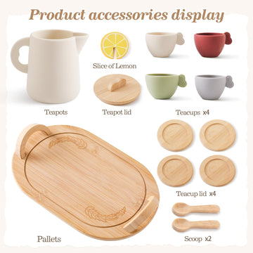 Tea Party Set for Little Girls,Wooden Tea Set,Princess Tea Time Sets for Kids Best Gifts for Toddler with Silicone Teapot Cups W