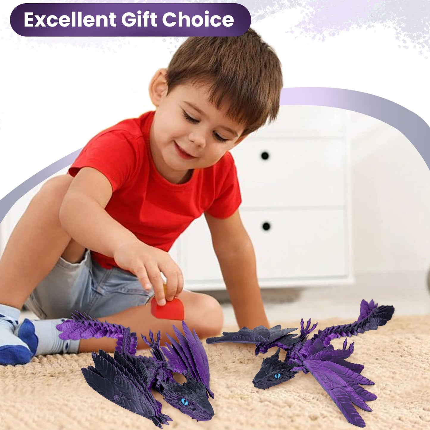 Shuwnd 3D Printed Dragon With Wings, Feathered Wyvern Dragon,Full Articulated Crystal Flying Dragon,Realistic Large Pet Dragon, Flexible Shoulder Dragon Stuff 3D Printed Animals Toy (Purple Black)