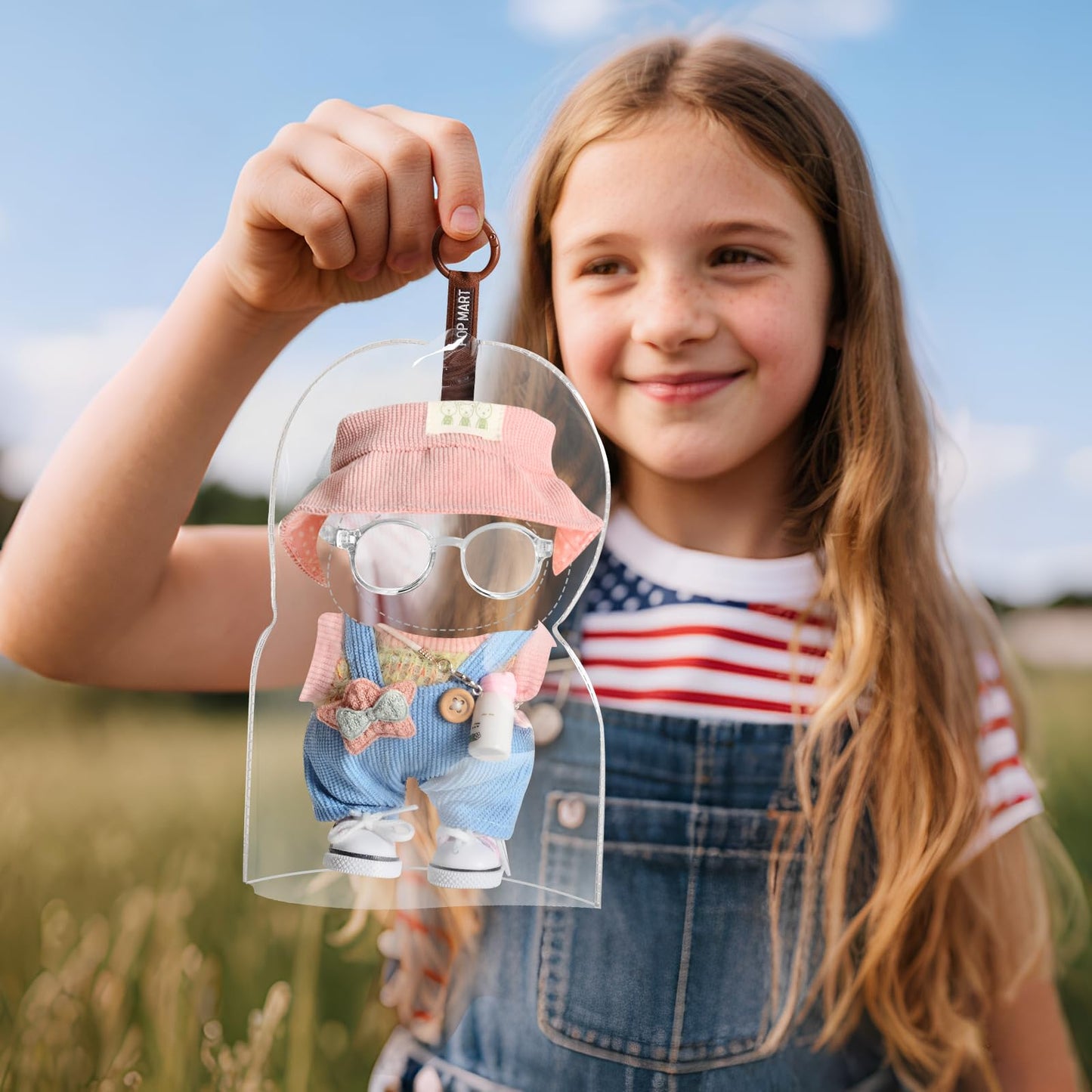 7 Pcs Clothes for Popular Dolls - 17cm - Pink Sweater + Overall + Pink Hat + Glasses + Shoes + Kettle + Rainproof Bag- enhanced Doll Outfit Accessories for Play & Display (No Doll)